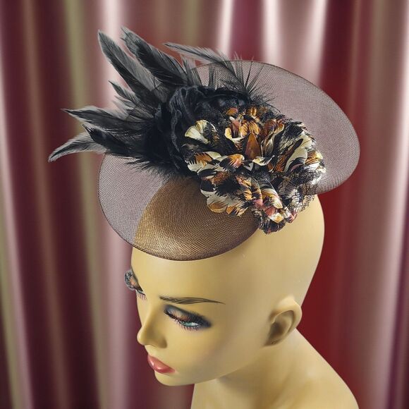 Fascinator Cocktail Hat Black Feathers Satin Rose Tiger Print Derby Wedding - Picture 1 of 9